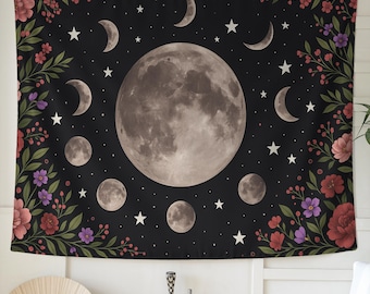 Moon Phase Floral Tapestry on Black – Celestial Wall Art with Stars and Flowers, Boho Witchy Decor for Bedroom, Meditation or Gift for Her