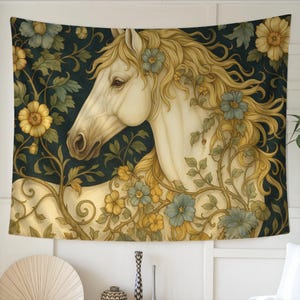 Horse Floral Tapestry - Elegant Botanical Wall Hanging, Vintage Horse Art Decor, Boho Equine Spirit Tapestry, Nature-Inspired Wall Art