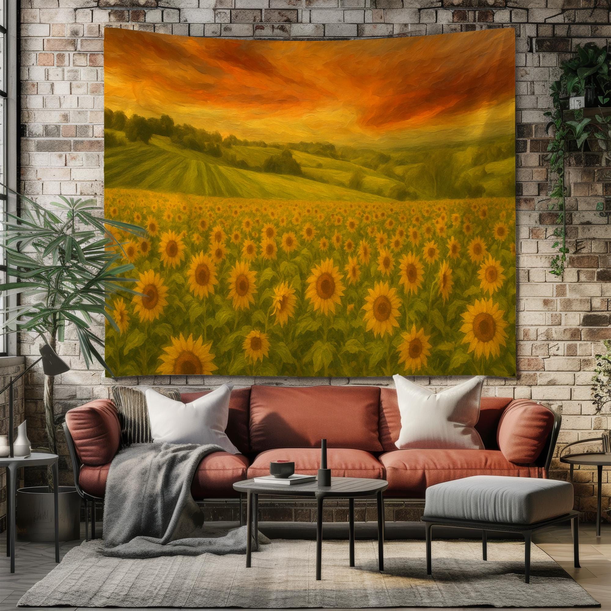 ひまわり畑の夕焼けタペストリー - 明るい寝室や素朴な農家の