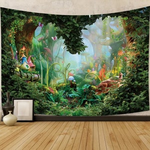 Whimsical Enchanted Forest Wall Hanging Tapestry - Mushroom Fantasy Nature Tapestries - Large Decorative Tapestry for Magical Home Decor