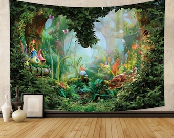 Whimsical Enchanted Forest Wall Hanging Tapestry - Mushroom Fantasy Nature Tapestries - Large Decorative Tapestry for Magical Home Decor