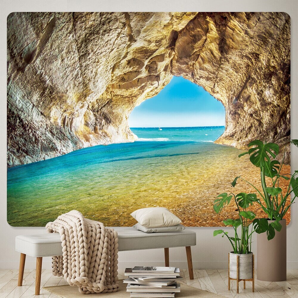 Meer Strand Höhle Wandteppich Ozean Landschaft Wandbehang Natürliche Landschaft Wandteppiche für Wohnzimmer Schlafzimmer Wohnheim Dekor