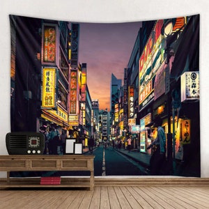 Japanese City Tapestry Tokio Night Wall Hanging Japan Cityscape Urban Lights Night Street Scene Nightlife Tapestries for Room Decor