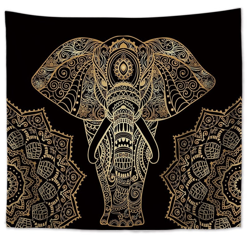 Elephant Tapestry Indian Mandala Wall Tapestry Black and Gold Etsy