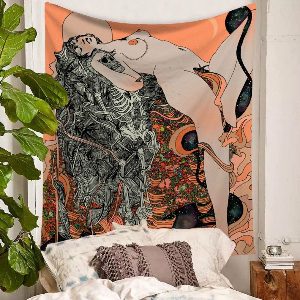 Tapestry Naked Woman | Skull Tapestry | Skeleton Wall Tapestry | Gothic Girl Wall Hanging Art