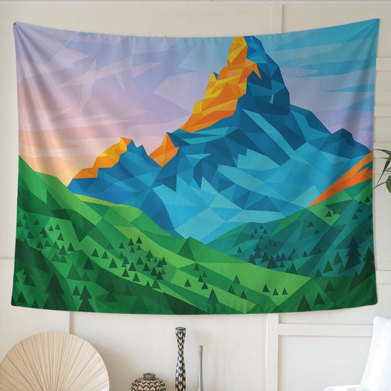 幾何学的な山の壁掛けタペストリー - カラフルなポリゴン風景アート