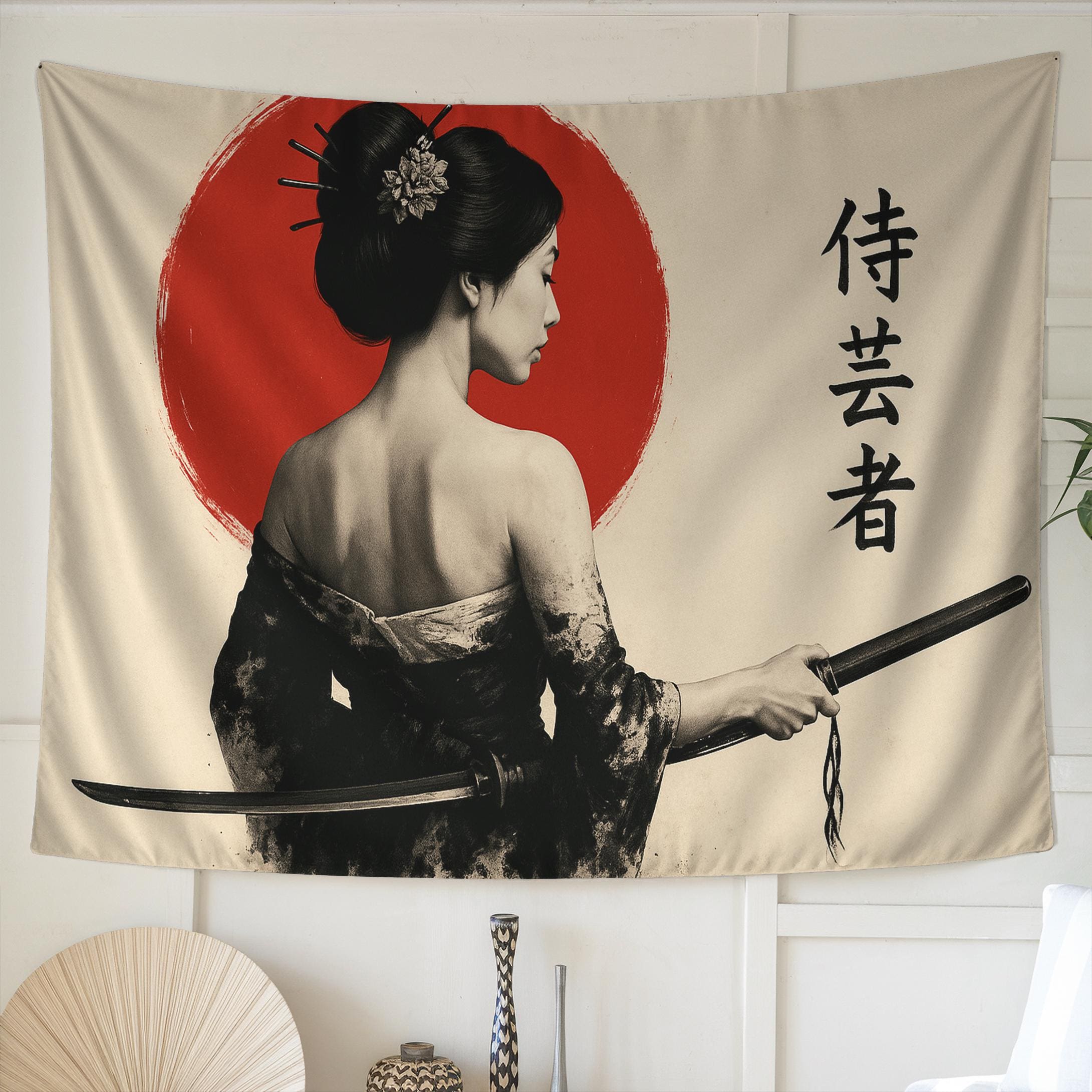 Samurai Woman Tapestry – Japanese Warrior Wall Art – Geisha Sword Red ...