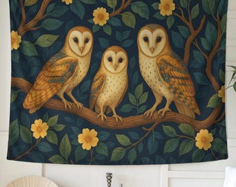 Barn Owl Tapestry - Whimsical Forest Bird Wall Hanging, Woodland Family Decor, Folk Nature Art, Boho Cottagecore Animal Illustration