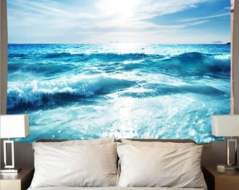 Ocean Waves Tapestry - Tranquil Sea Wall Hanging, Refreshing Beach Scene Tapestries for Home Decor