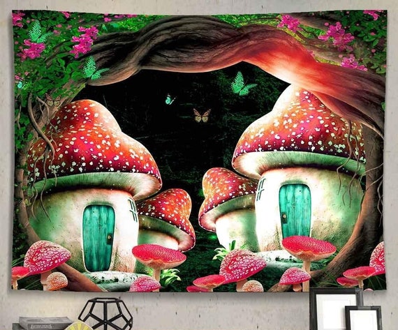 Mushroom Tapestry Magical Mushroms Wall Hanging Fantasy Fairy Tale Mushroom House Tapestries for Room Decor Etsy Australia