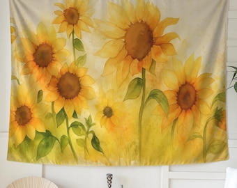 Tapiz de girasoles en acuarela: arte mural floral amarillo brillante para un dormitorio alegre o una cocina bohemia, decoración natural de verano o un regalo para ella.