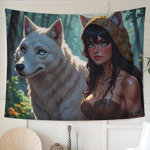 Mystical Wolf Girl Tapestry - Forest Fantasy Wall Art with White Wolf, Tribal Elf Aesthetic, Dark Boho Witchcore Woodland Goddess Decor