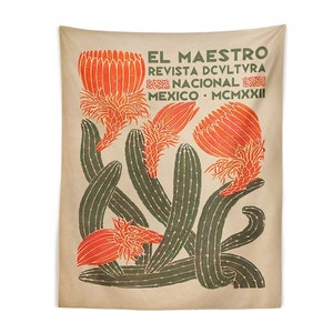 Cactus Flower Tapestry Mexican Art, Large Cactus Wall Art, El Maestro Wall Decor Wall Hanging Tapestries, Mexican Culture Print