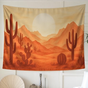 Desert Sunset Tapestry Wall Art – Minimalist Cactus Landscape for Boho Room, Western Bedroom, or Southwestern Living Room Decor