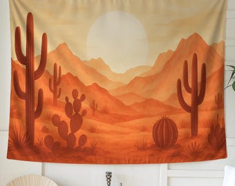 Tapiz de pared con atardecer en el desierto: paisaje minimalista de cactus para una habitación bohemia, un dormitorio estilo western o una sala de estar estilo suroeste.