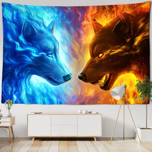 Wolf Tapestry Wolves Fire and Ice Wall Hanging Art Animal Aesthetic Bohemian Mandala Tapestries for Room Dorm Wall Decoration