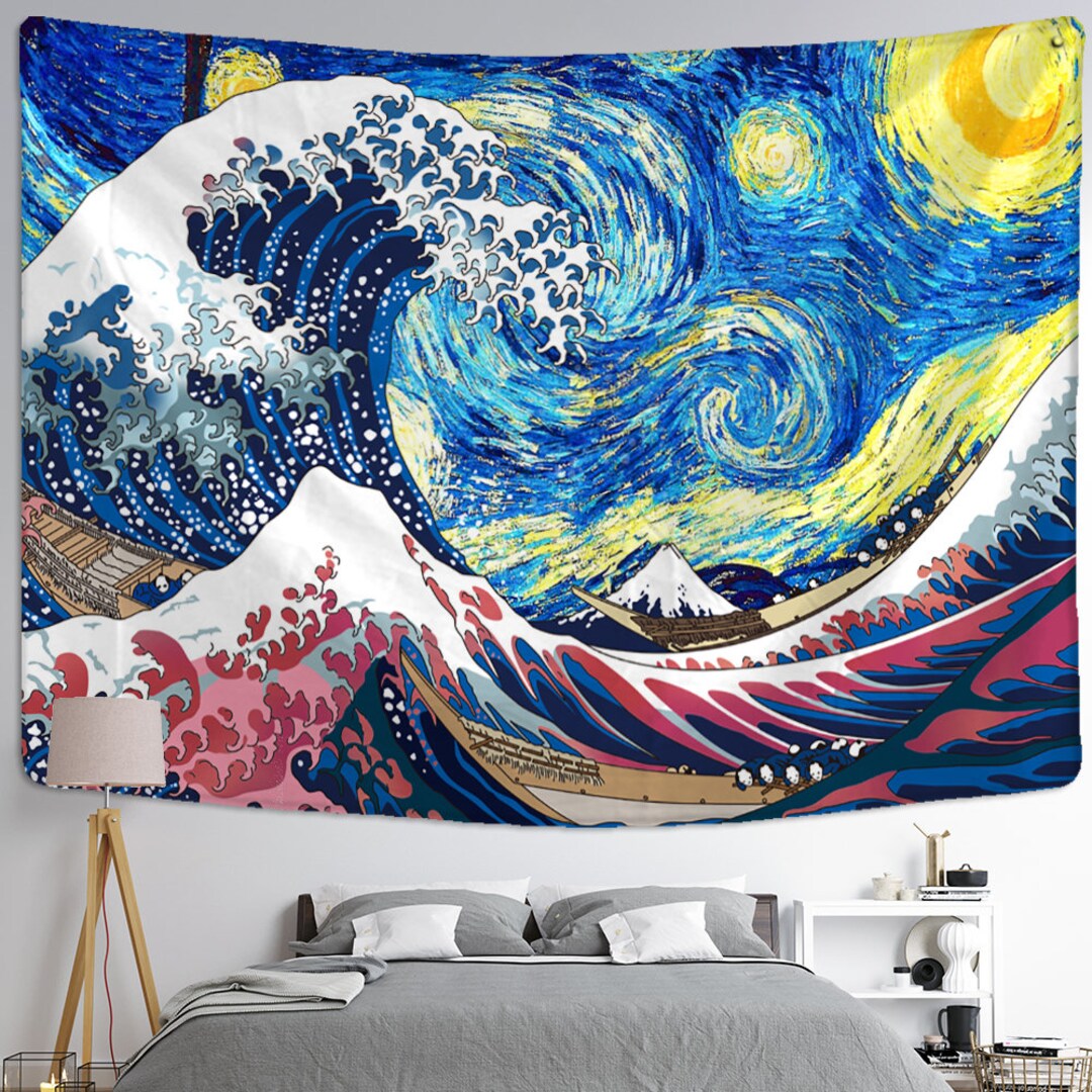 The Great Wave Tapestry Van Gogh Starry Sky and the Wave Hokusai Wall Art Wall Hanging Wall