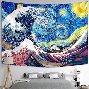 Die große Welle Wandteppich Van Gogh Sternenhimmel und die Welle Hokusai Wandkunst Wandbehang Wanddekor Wandteppiche
