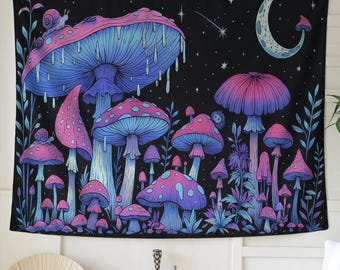May include: A psychedelic tapestry featuring a vibrant illustration of colorful mushrooms in shades of pink, blue, and purple against a black night sky. The design includes a crescent moon, stars, and snails.