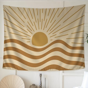 Minimalistische zonnestralen wandtapijt wandkleed - retro bohodecor, gouden zonlichtgolven, abstracte zonnekunst, warme aardetinten, cadeau voor hem