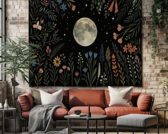 Floral Moon Tapestry on Black – Botanical Night Sky Wall Art with Full Moon and Stars, Mystical Nature Decor for Bedroom or Witchy Gift