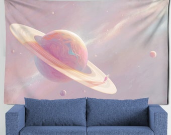Planet Saturn Tapestry Kawaii Wall Tapestry Universe Stars Wall Hanging Tapestries Kawaii Room Decor