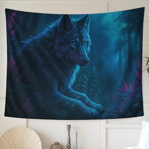 Blue Wolf Forest Tapestry - Mystical Animal Wall Hanging, Moonlight Woods Decor, Fantasy Spirit Wolf Art, Dark Nature Boho Tapestry