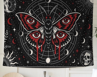 Mothman Mystical Occult Moth Tapestry Wall Hanging – Gothic Celestial Decor, Dark Witchy Art, Spiritual Cosmic Design, Gift for Mystics