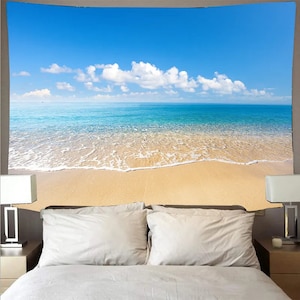 Beach Tapestry Blue Sea White Clouds Blue Sky Ocean Coastal Wall Decor Seascape Hanging Tapestries