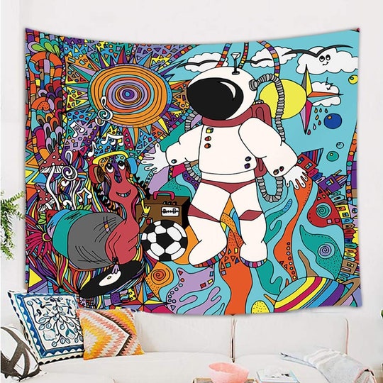 Disover Abstract Colorful Tapestry Astronaut and Aliens Wall Haning Trippy Tapestries Wall Art