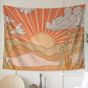 Desert Sunset Tapestry Wall Hanging – Boho Sun Art, Vibrant Western Decor, Cactus and Mountain Landscape, Retro Aesthetic, Gift for Her/Him.