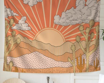 Tapiz de pared con puesta de sol en el desierto: arte bohemio con sol, decoración occidental vibrante, paisaje de cactus y montaña, estética retro, regalo para ella/él.