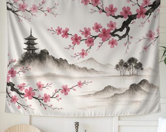 桜と仏塔を描いた日本の壁掛けタペストリー | 寝室やリビングルームに飾る穏やかな禅風景画 | 東洋風の壁飾り