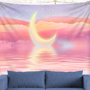 The Moon Tapestry Kawaii Wall Tapestry Wall Hanging Pink Tapestries Kawaii Room Decor