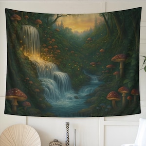 Mushroom Waterfall Tapestry - Enchanted Forest Wall Hanging, Fairycore Cottagecore Decor, Fantasy Nature Art, Magical Woodland Scene