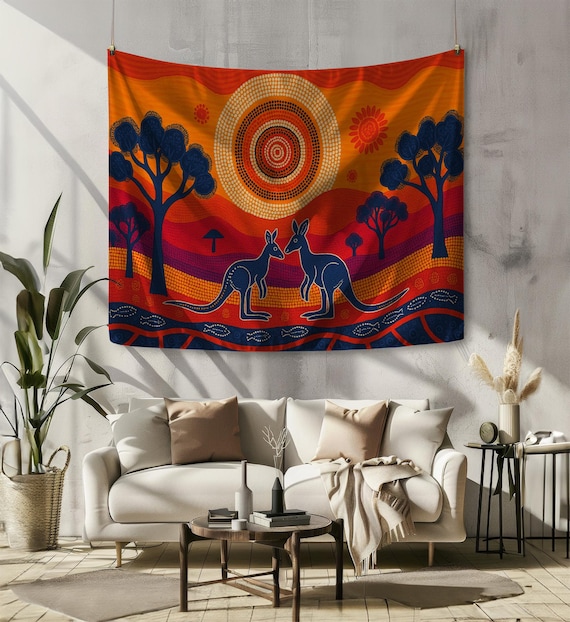 鮮やかなアボリジニアートのカンガルータペストリー壁掛け
