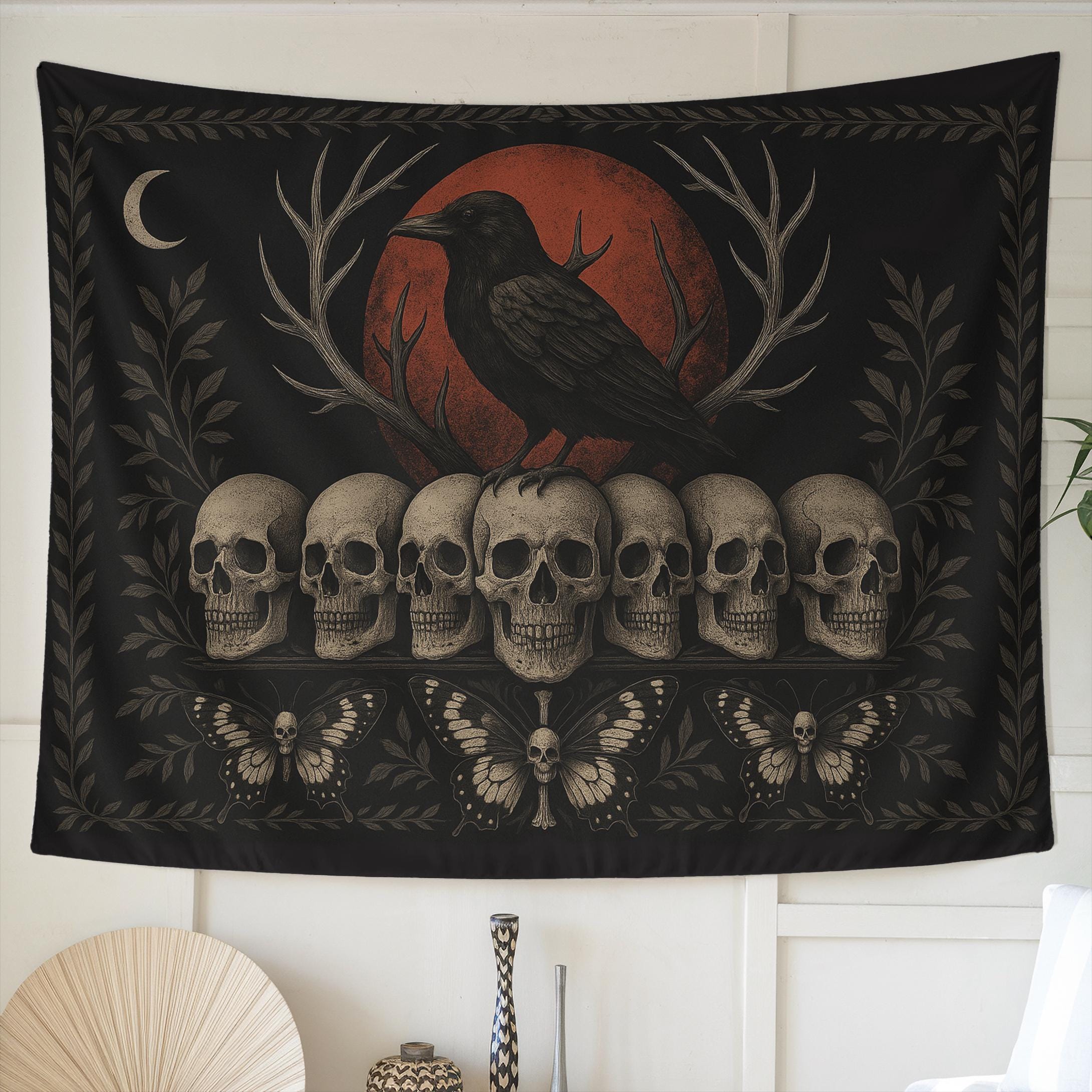 Tapiz De Calavera En Blanco Y Negro, Tapiz De Plantas Florales Con
