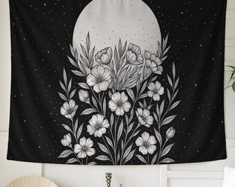 Moon Flower Tapestry - Black and White Botanical Wall Hanging, Celestial Floral Art, Boho Night Sky Decor, Mystical Moon Tapestry