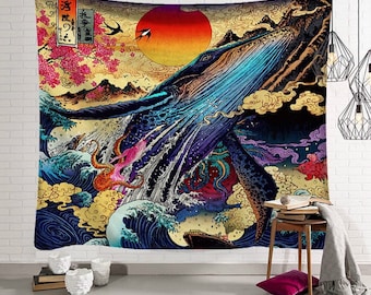Whale Tapestry Japanese Wall Art Whale Octopus Snake Wall Hanging Psychedelic Tapestries Wall Decor