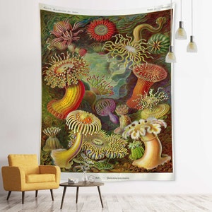 Arte de anêmonas do mar oceano tapeçaria ciência biologia arte de parede ilustração colorida de Ernst Haeckel decoração de parede tapeçarias estéticas