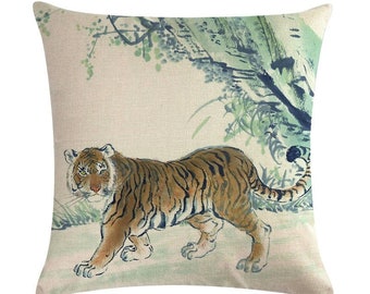 Sequin Pillow Case 18x18 Tiger in tropical jungle design by Maru Cat Kitty Feline Animal lovers Tiger print Animals print