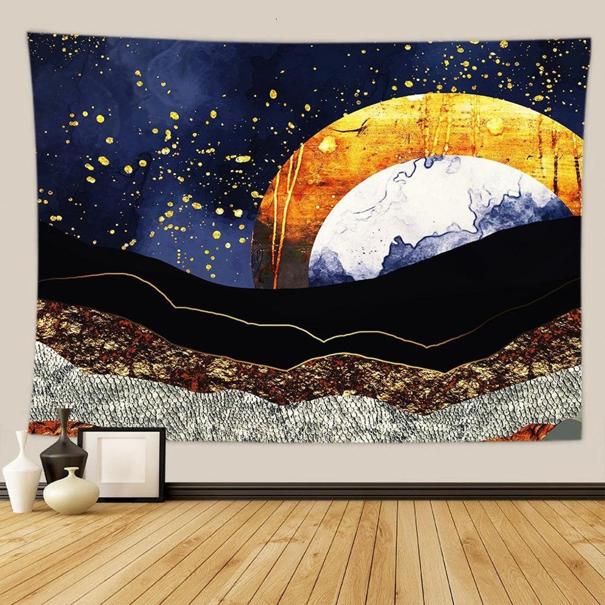 Nordic Tapestry, Landscape Scenery Wall Tapestry, Abstract Art Wall Hanging, Sun Moon Mandala Tapestries Wall Decor