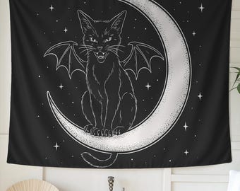 Bat Wing Cat Tapestry - Gothic Crescent Moon Wall Hanging, Vampire Cat Witch Decor, Occult Black and White Art, Dark Fantasy Tapestry