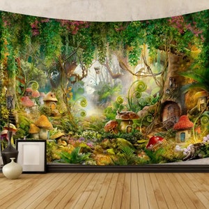 Enchanted Forest Mushroom Tapestry Wall Hanging - Whimsical Fairy Tale Tapestries for Home Decor - Magical Woodland Scene Wall Art