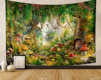 Enchanted Forest Mushroom Tapestry Wall Hanging - Whimsical Fairy Tale Tapestries for Home Decor - Magical Woodland Scene Wall Art