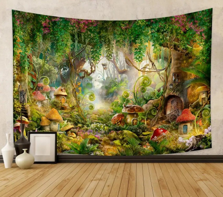 Enchanted Forest Mushroom Tapestry Wall Hanging - Whimsical Fairy Tale ...