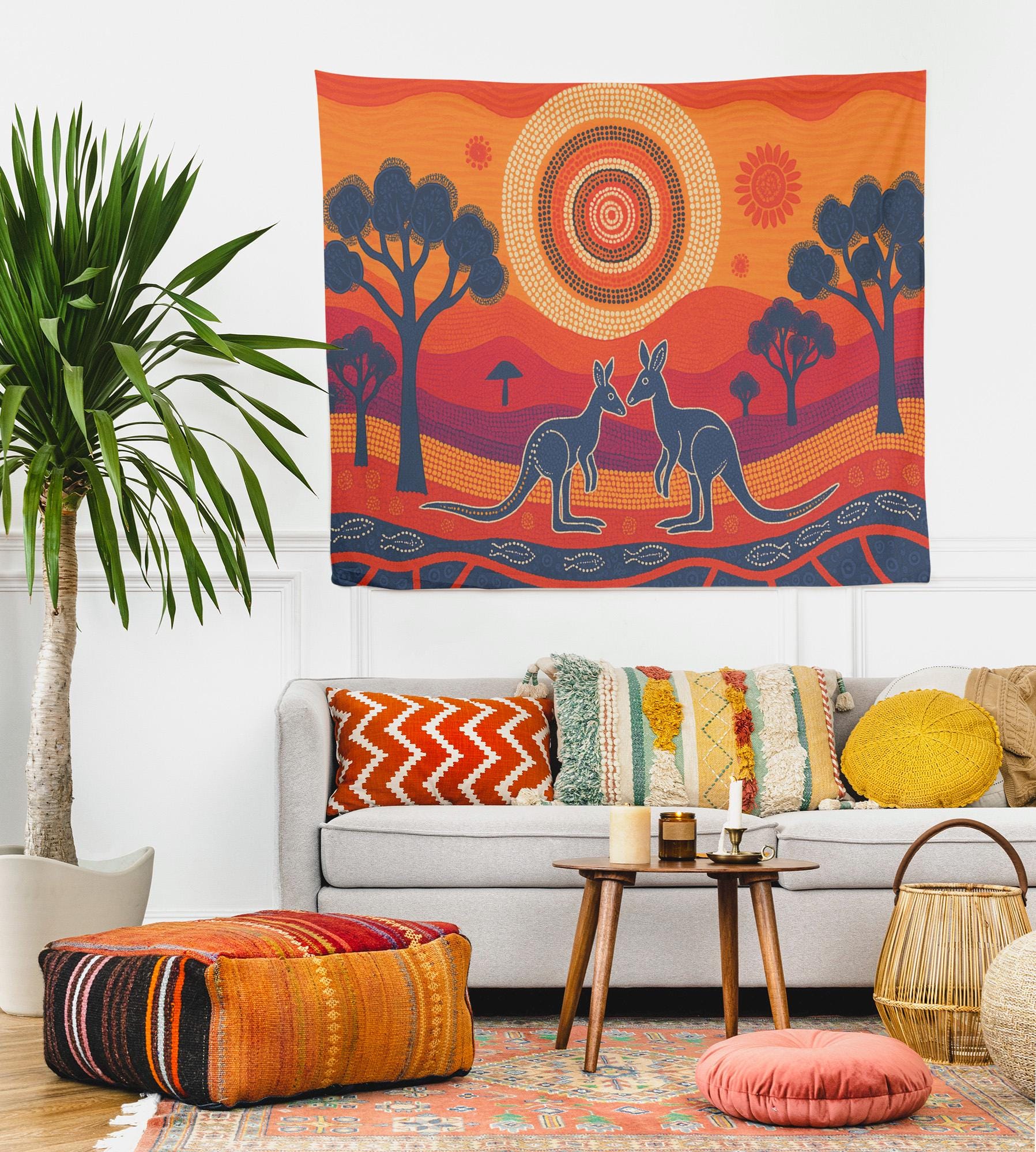 鮮やかなアボリジニアートのカンガルータペストリー壁掛け