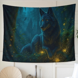 Mystical Dark Forest Wolf Tapestry Wall Hanging – Enchanted Moonlit Decor, Dark Fantasy Art Spiritual Animal Wall Art Gift for Nature Lovers