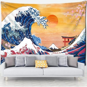 The Great Wave off Kanagawa Tapestry Japanese Wall Hanging Cherry Blossom Mount Fuji Tapestries