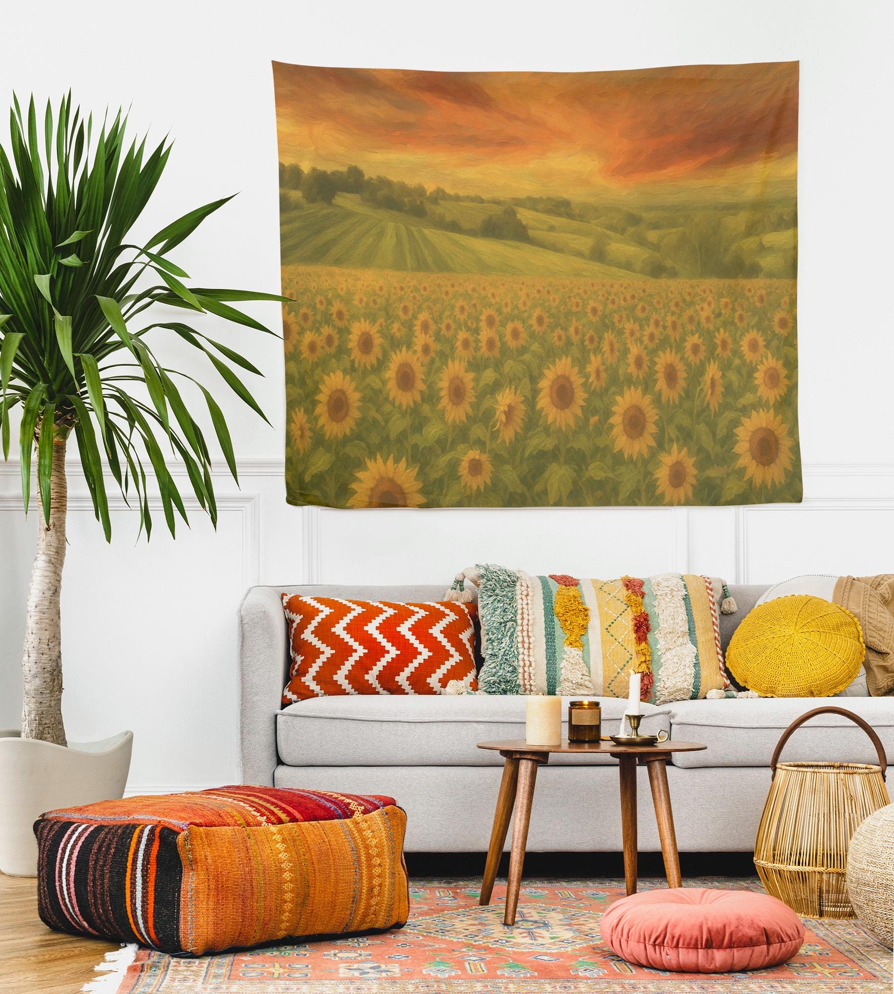 ひまわり畑の夕焼けタペストリー - 明るい寝室や素朴な農家の